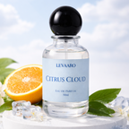 LEVAARO Citrus Cloud perfume bottle with an orange and green leaves on a light background