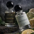 Two perfume bottles labeled 'Velvet Sin' and 'Citrus Cloud' by LEVAARO.