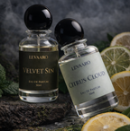 Two perfume bottles labeled 'Velvet Sin' and 'Citrus Cloud' by LEVAARO.