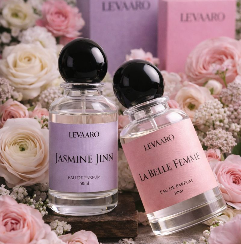 Two perfume bottles, 'Jasmine Jinn' and 'La Belle Femme', by LEVAARO.
